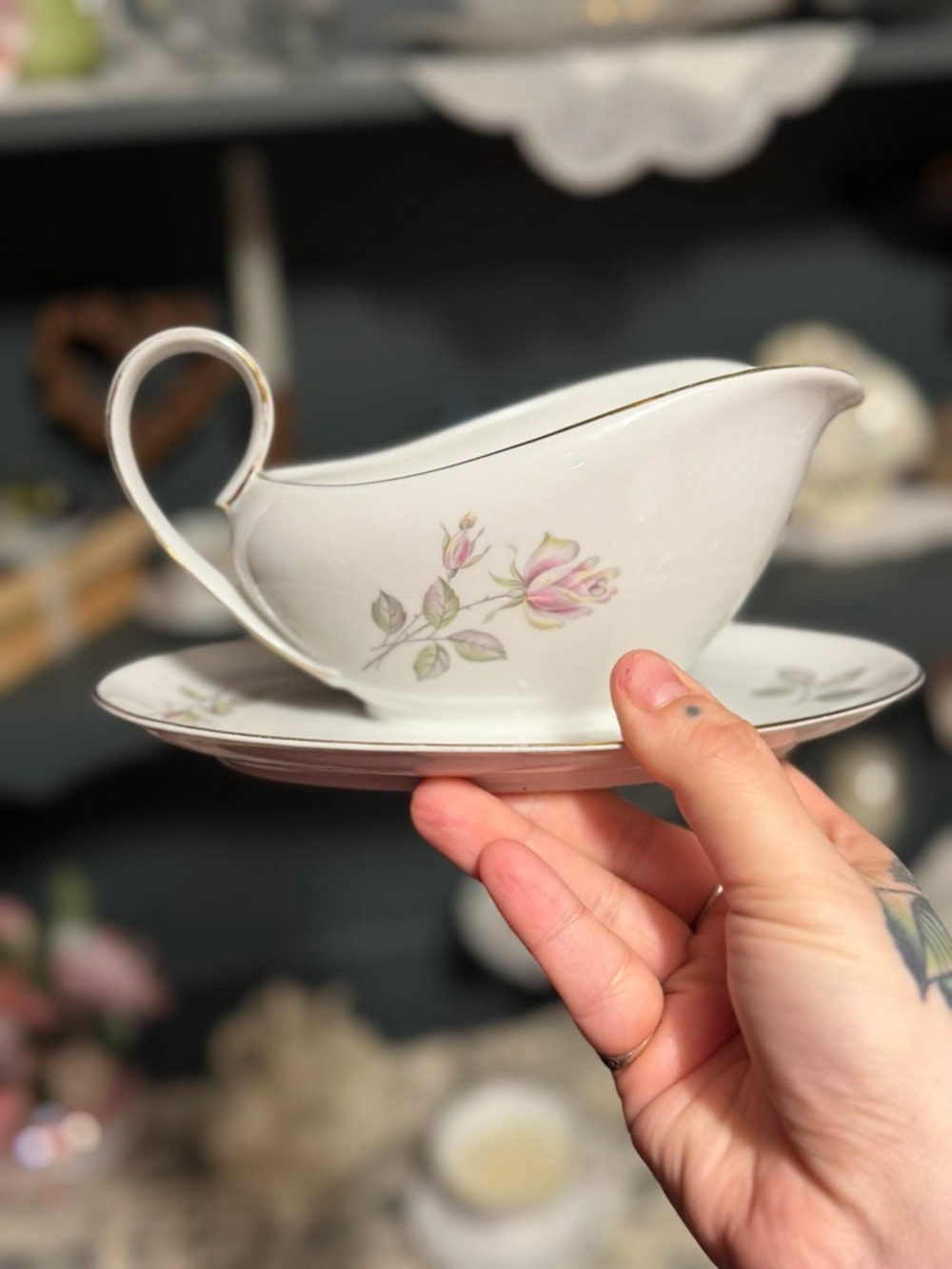 Porcelain Pink Rose Gravy Boat with Saucer